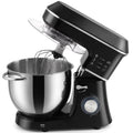 Black 7L stand mixer with the tilt head raised, whisk fitted and stainless steel bowl