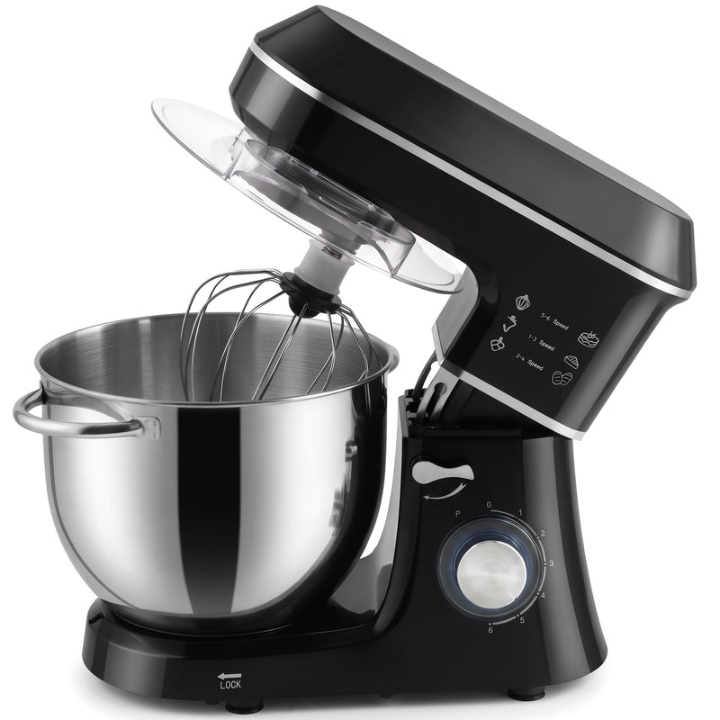 Black 7L stand mixer with the tilt head raised, whisk fitted and stainless steel bowl