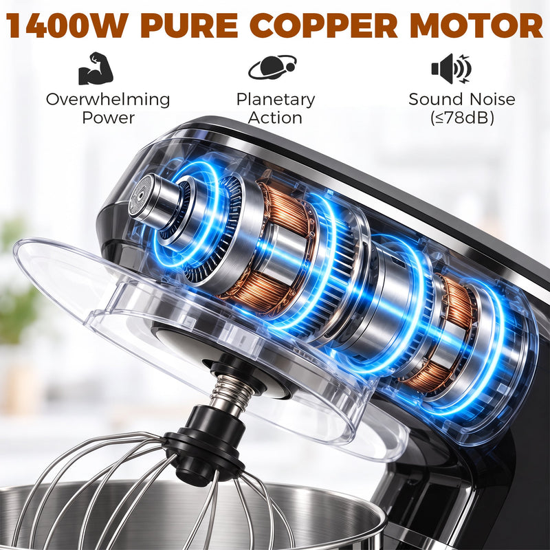 1400W pure copper motor graphic showing power, planetary action and noise under 78 dB