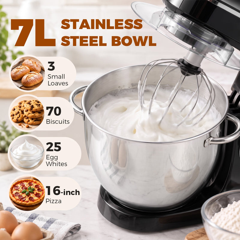 7L stainless steel bowl graphic showing 3 small loaves, 70 biscuits, 25 egg whites and a 16 inch pizza