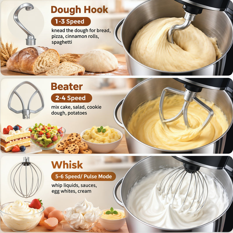 Dough hook, beater and whisk attachments with recommended speeds