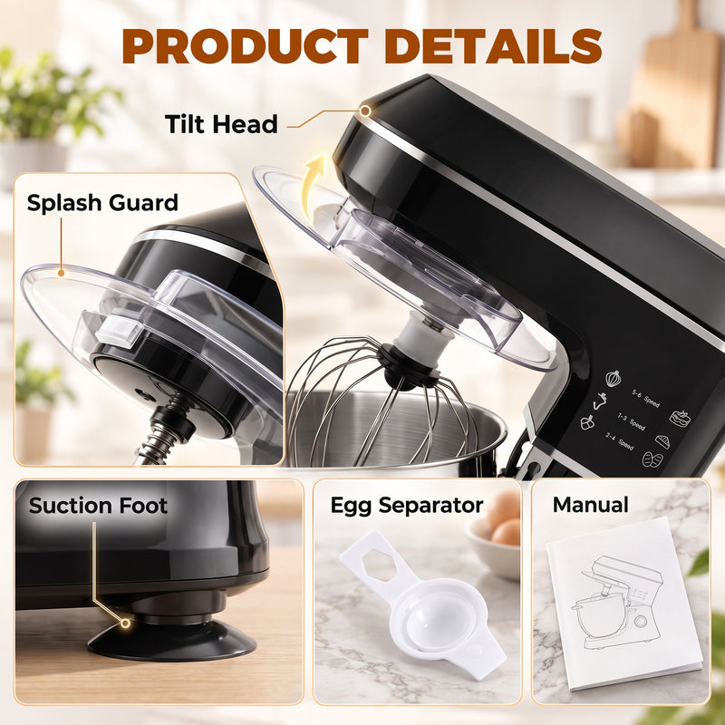 Product details graphic showing tilt head, splash guard, suction foot, egg separator and manual