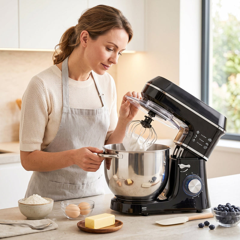 Woman in an apron using the stand mixer to bake in a bright kitchen