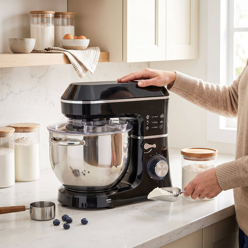 Hand resting on the black stand mixer on a kitchen worktop