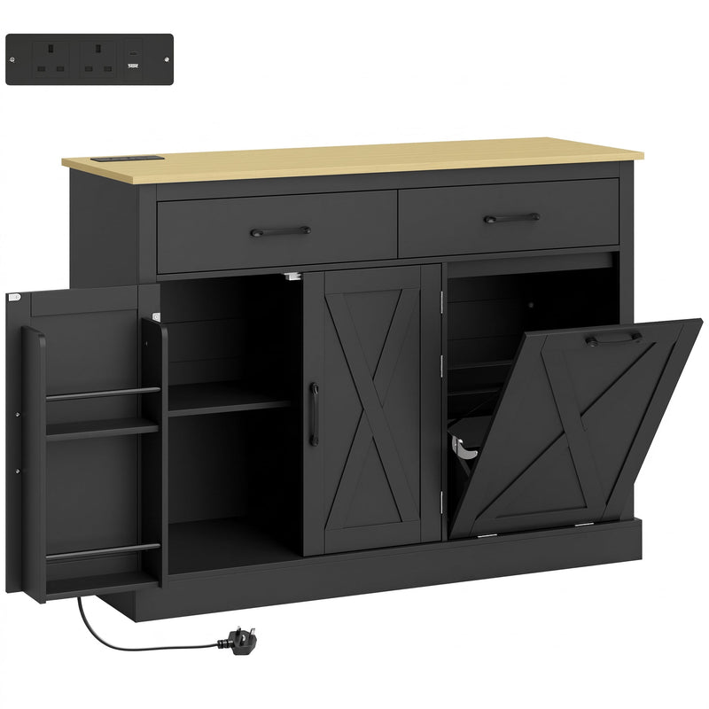 Homcom black tilt out trash cabinet cutaway view showing charging station, cabinet door and tilt-out bin compartment