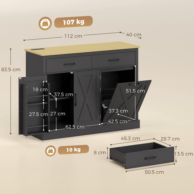 Dimension diagram of the black Homcom tilt out trash cabinet: 112cm wide, 40cm deep, 83.5cm high, 107kg total load