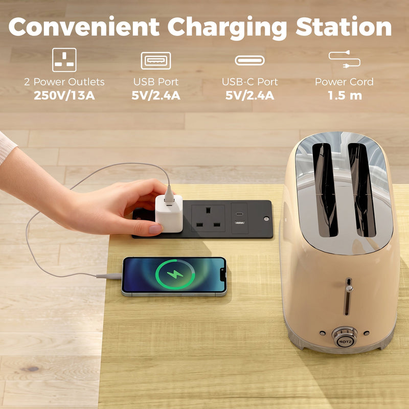 Close-up of the built-in charging station on the black cabinet with 2 UK power outlets, USB and USB-C ports