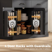 Open black cabinet door showing 4 door racks with guardrails holding spice jars and bottles