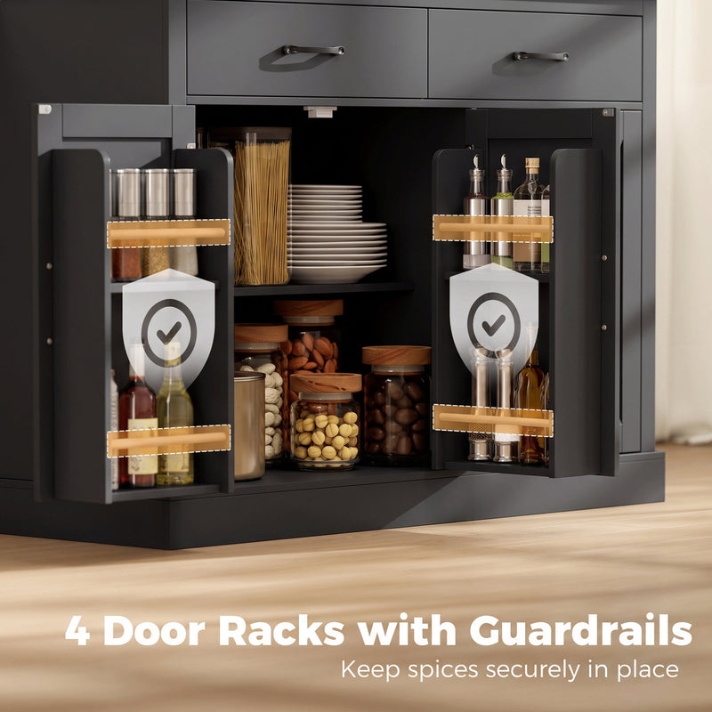 Open black cabinet door showing 4 door racks with guardrails holding spice jars and bottles