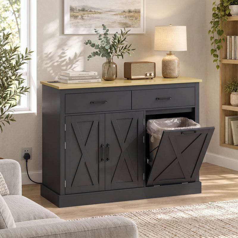 Black cabinet in a living room with the tilt-out door open showing a bin liner fitted inside