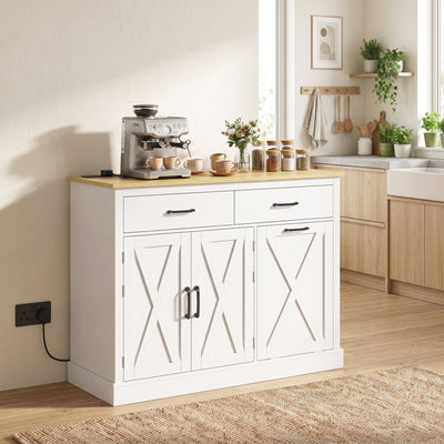 White tilt out trash cabinet styled as a kitchen island with a coffee maker and crockery on the worktop