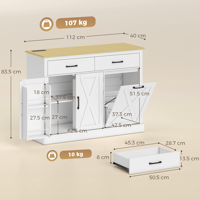 Dimension diagram of the Homcom tilt out trash cabinet: 112cm wide, 40cm deep, 83.5cm high, 107kg total load