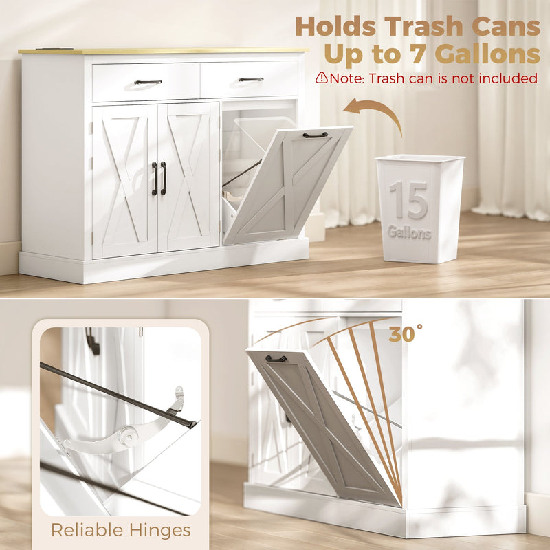 Diagram showing the cabinet holds a bin up to 57 litres with a 30-degree tilt-out door and reliable hinges