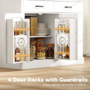 Open cabinet door showing 4 door racks with guardrails holding spice jars and bottles