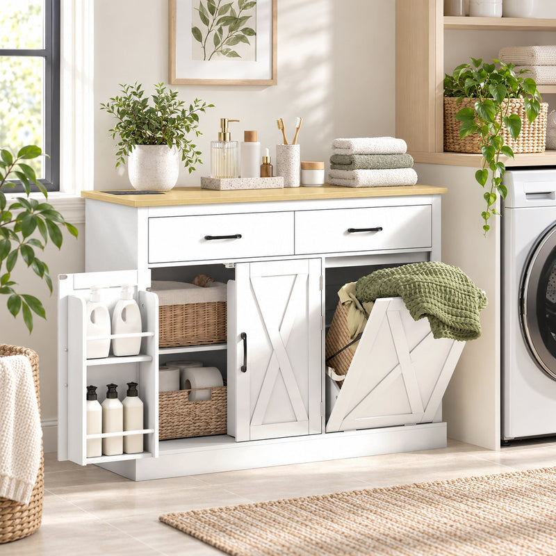 White cabinet used in a laundry room with a fabric hamper insert, wicker baskets and folded towels