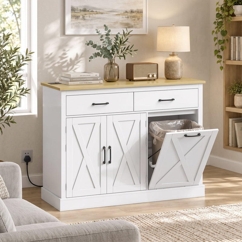 White cabinet in a living room with the tilt-out door open showing a bin liner fitted inside