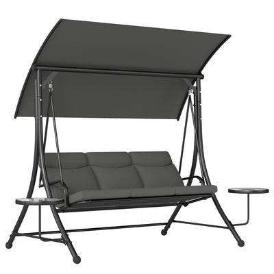 Dark Grey 3 Seater Garden Swing Chair With Canopy Cushion and Side Tables by Outsunny