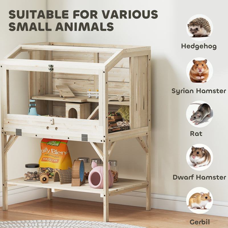 2 Tier Wooden Hamster Cage With Shelves and Easy Access Top for Small Pets Natural AOSOM