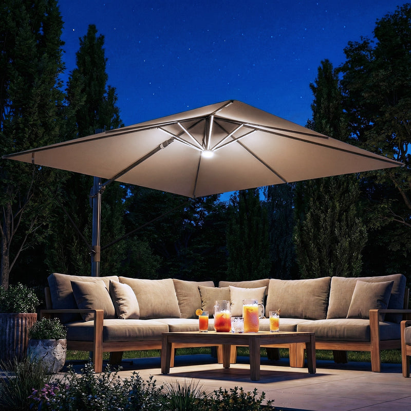 Square Cantilever Parasol with Lights For Garden - Easily Adjustable UPF 30+ Shade - Crank/Tilt - Khaki