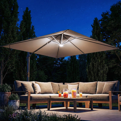Square Cantilever Parasol with Lights For Garden - Easily Adjustable UPF 30+ Shade - Crank/Tilt - Khaki Outsunny