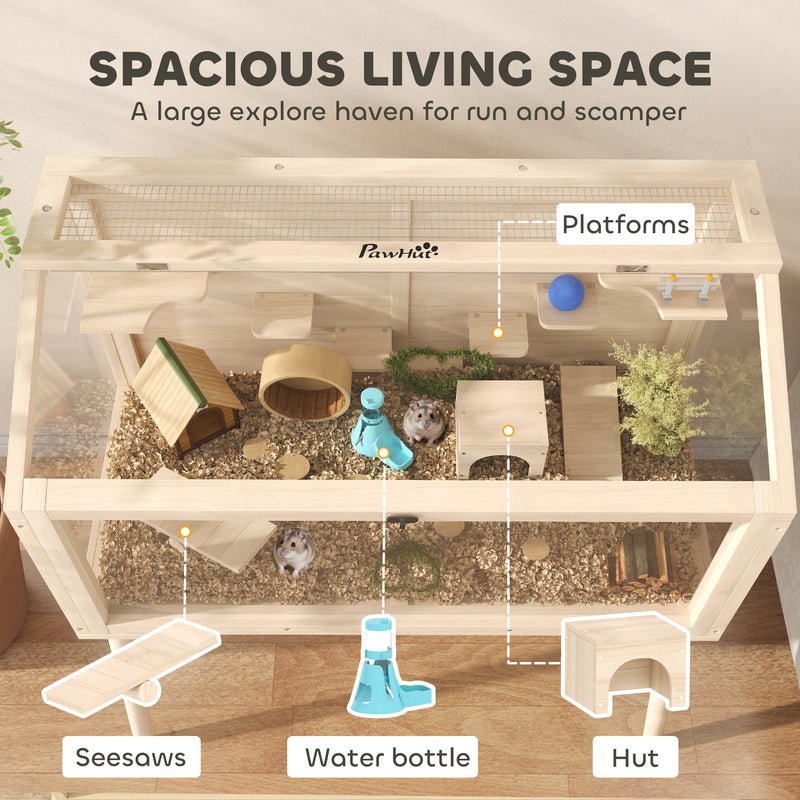 Large Wooden Hamster Cage With Seesaws Platforms and Water Bottle for Gerbils Natural AOSOM