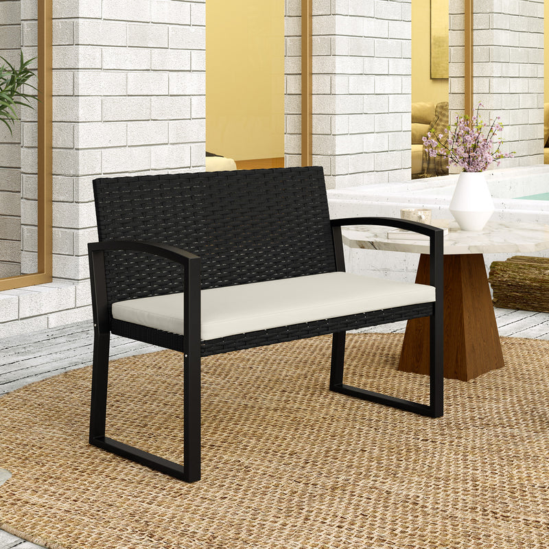 Two Seater Rattan Garden Bench with Cushions in Beige and Black by Outsunny