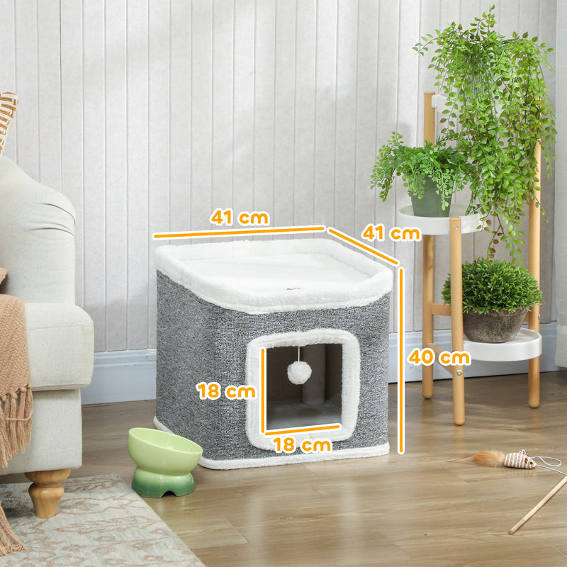 2 Level Indoor Cat House with Top Bed and Hanging Toys Ideal for Multiple Kittens Grey AOSOM