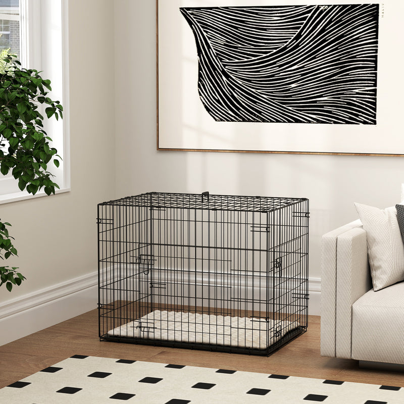 Foldable Black Dog Crate with 2 Doors Tray and Soft Cushion for Small Dogs 76 x 53 x 60 by PawHut