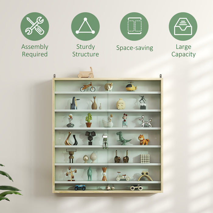 7 Tier Wall Display Cabinet with Glass Doors and Adjustable Shelves Oak by HOMCOM