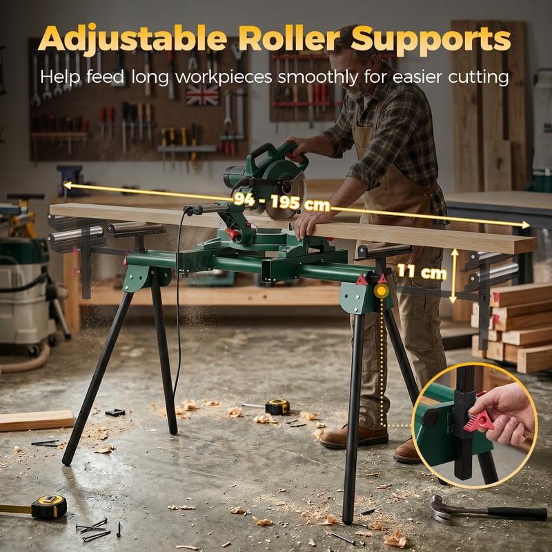Mitre Saw Stand with Adjustable Rollers for Stable Timber Cutting Green