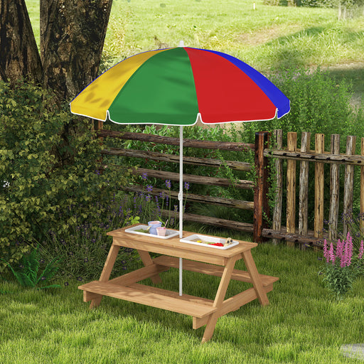 Kids Picnic Table with Sand and Water Play, Wooden Benches and Adjustable Parasol by AIYAPLAY