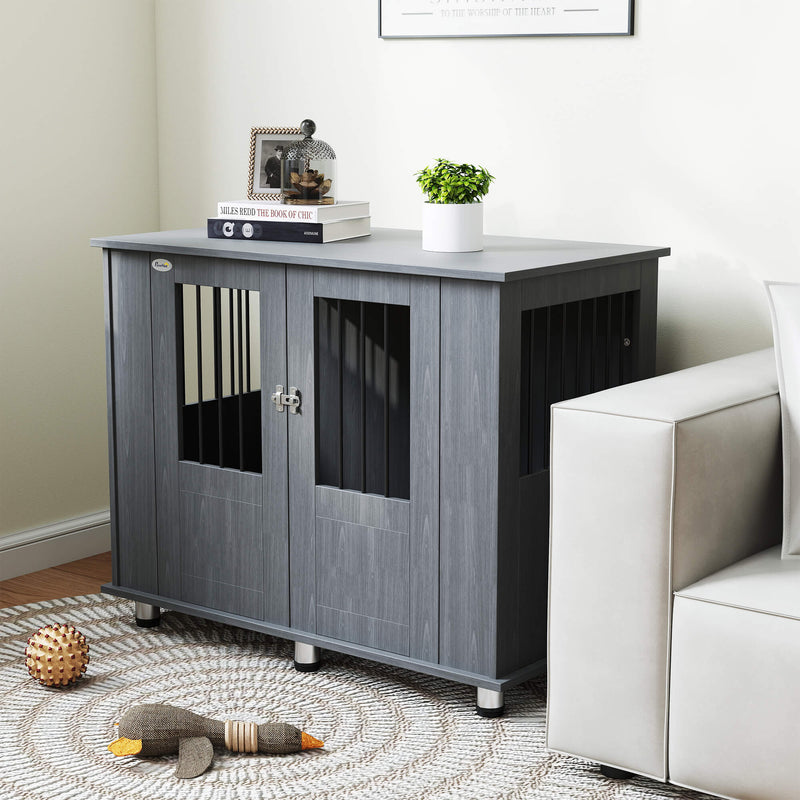 Wooden Dog Crate Table with Magnetic Door for Medium and Large Dogs Indoor Use Grey