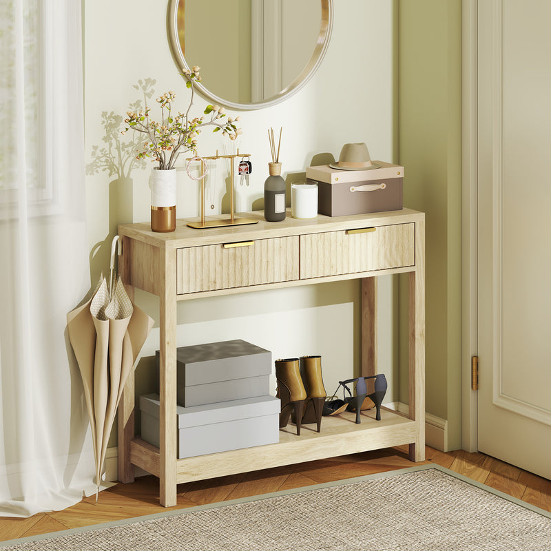 Modern Console Table with Fluted Drawers and Shelf for Hallway or Living Room, Natural Wood Finish