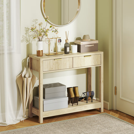 Modern Console Table with Fluted Drawers and Shelf for Hallway or Living Room, Natural Wood Finish