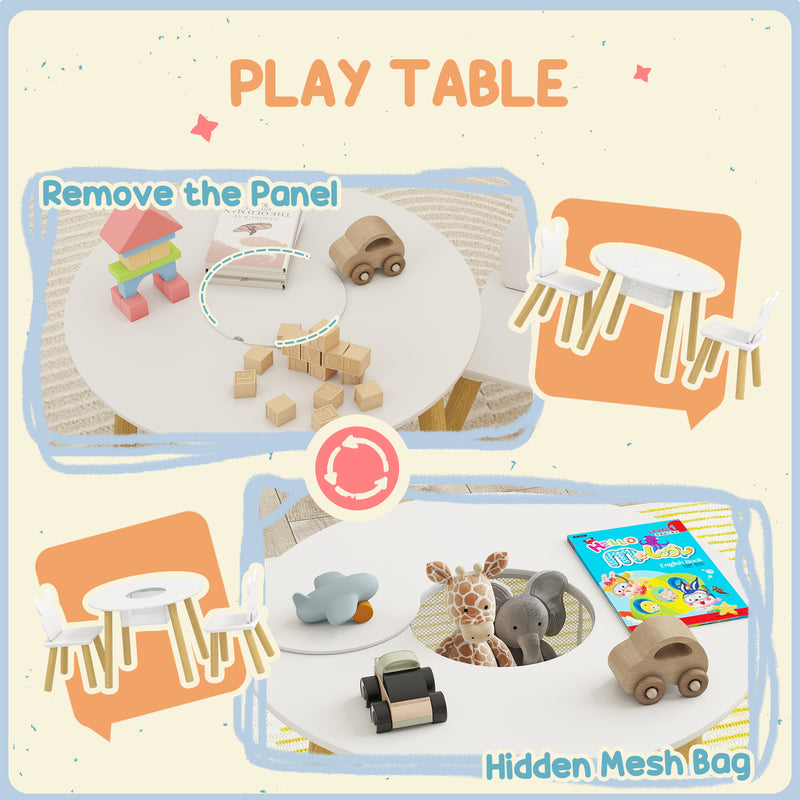 Toddler table showing removable mesh storage panel