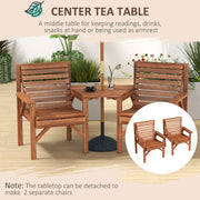 Wooden Garden Love Seat With Built In Coffee Table And Parasol Hole For Outdoors Tan Brown AOSOM