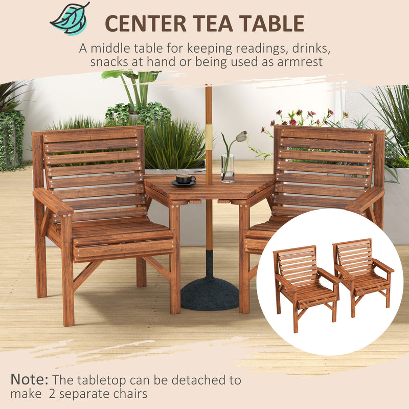 Wooden Garden Love Seat With Built In Coffee Table And Parasol Hole For Outdoors Tan Brown AOSOM