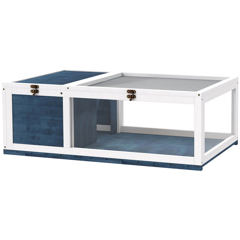 Pawhut blue tortoise house with sleeping compartment and open run, studio product shot