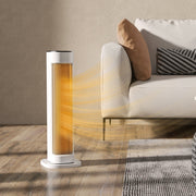Tower heater releasing warm air next to a sofa on a wooden floor