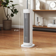 Tower heater dimensions: 61 cm high, 21 cm wide and 19.7 cm deep