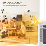 60 degree oscillation of the tower heater warming a family living room