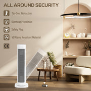 Safety features of the tower heater including tip-over protection and flame-resistant material