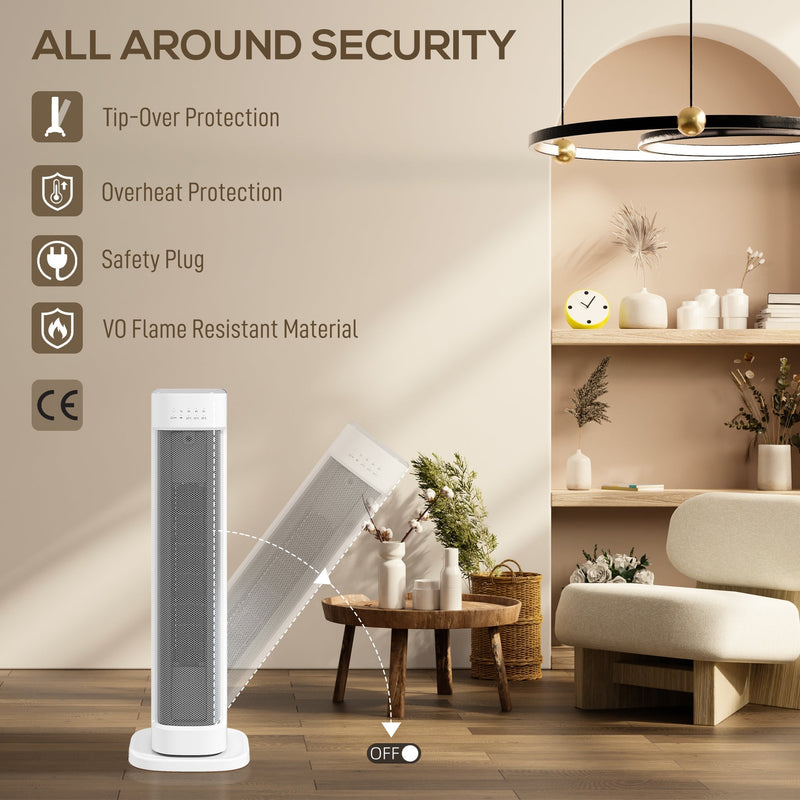 Safety features of the tower heater including tip-over protection and flame-resistant material