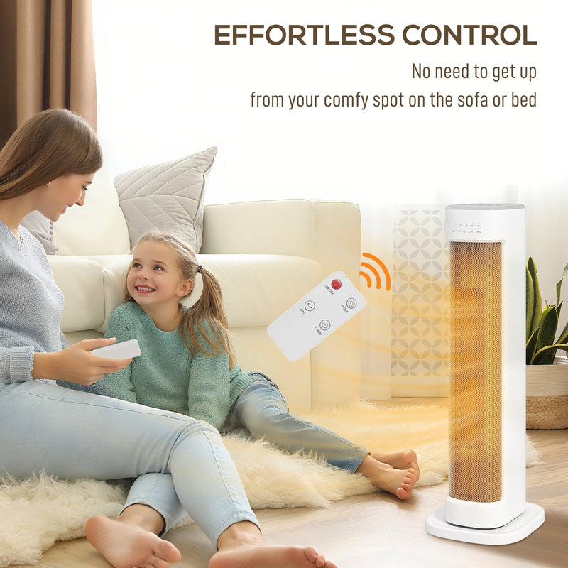 Remote control being used to adjust the tower heater from a sofa