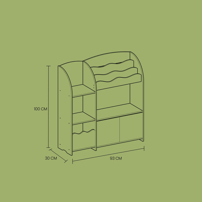 Labelled dimensions diagram: 93 cm wide x 30 cm deep x 100 cm tall bookcase