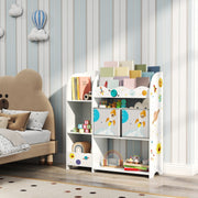 White toy and book organiser bookcase next to a bed in a child's bedroom