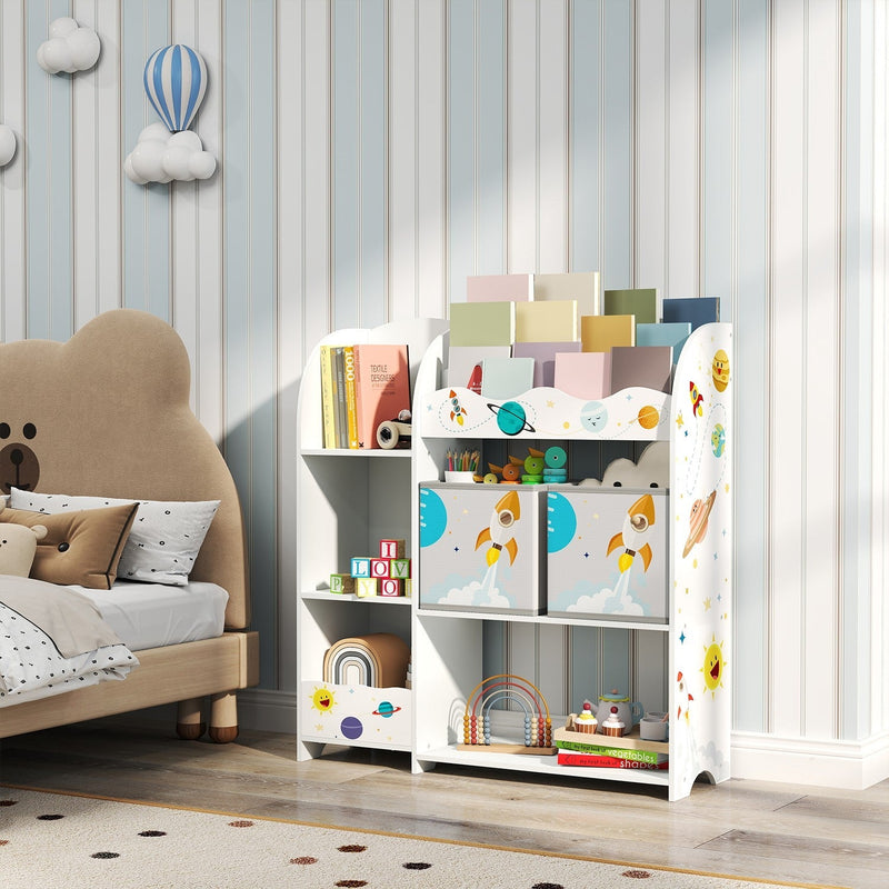 White toy and book organiser bookcase next to a bed in a child's bedroom