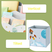 Vertical book display slot and tilted fabric toy storage box with rocket print