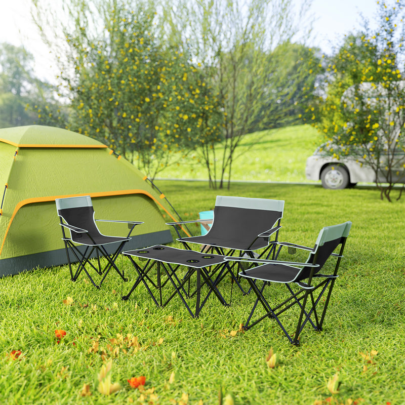 Foldable Outdoor Table and Chairs Set for 4 with Cup Holders and Carry Bag Grey
