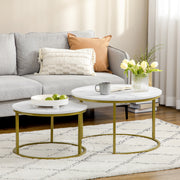 Round Nesting Coffee Table Set of 2 with Faux Marble Tops for Living Room White
